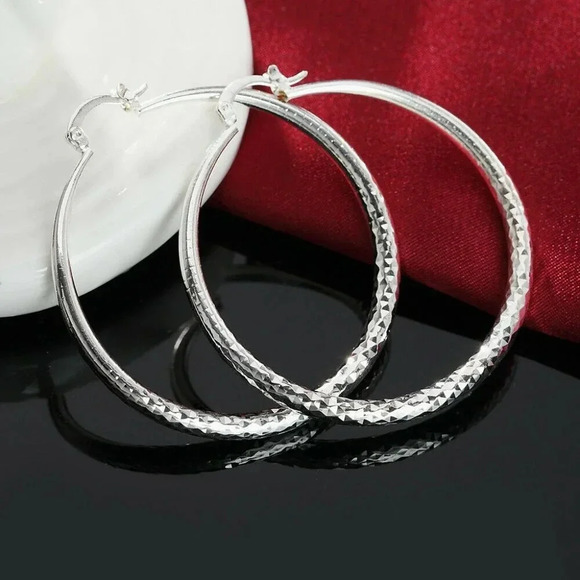 925 Sterling Silver Big Hoop Diamond Cut Earrings - Picture 1 of 5